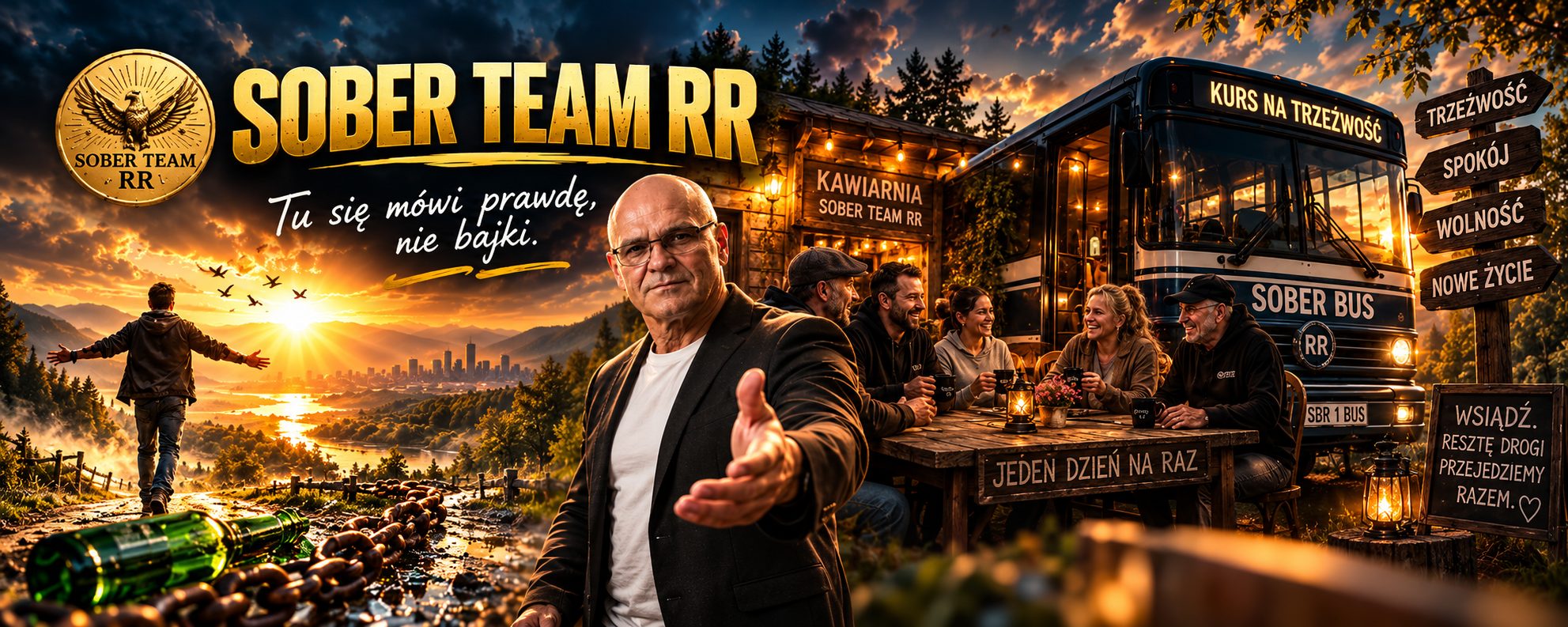 Sober Team RR. Robert wyciąga rękę na powitanie, obok ekipa przy kawie w Kawiarni Sober Team RR i autobus Sober Bus z napisem Kurs na trzeźwość.