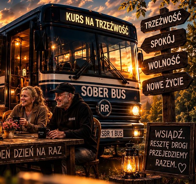 Autobus Sober Bus z napisem Kurs na trzeźwość, drogowskazy Trzeźwość, Spokój, Wolność, Nowe życie i tablica Wsiądź, resztę drogi przejedziemy razem.